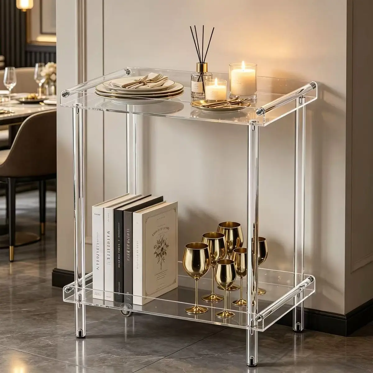 Transparent Acrylic Bar Shelf 2-Tier Floor Standing Rack, Modern Design for Home Bar, Kitchen, Living Room, 19.67 Inches Tall