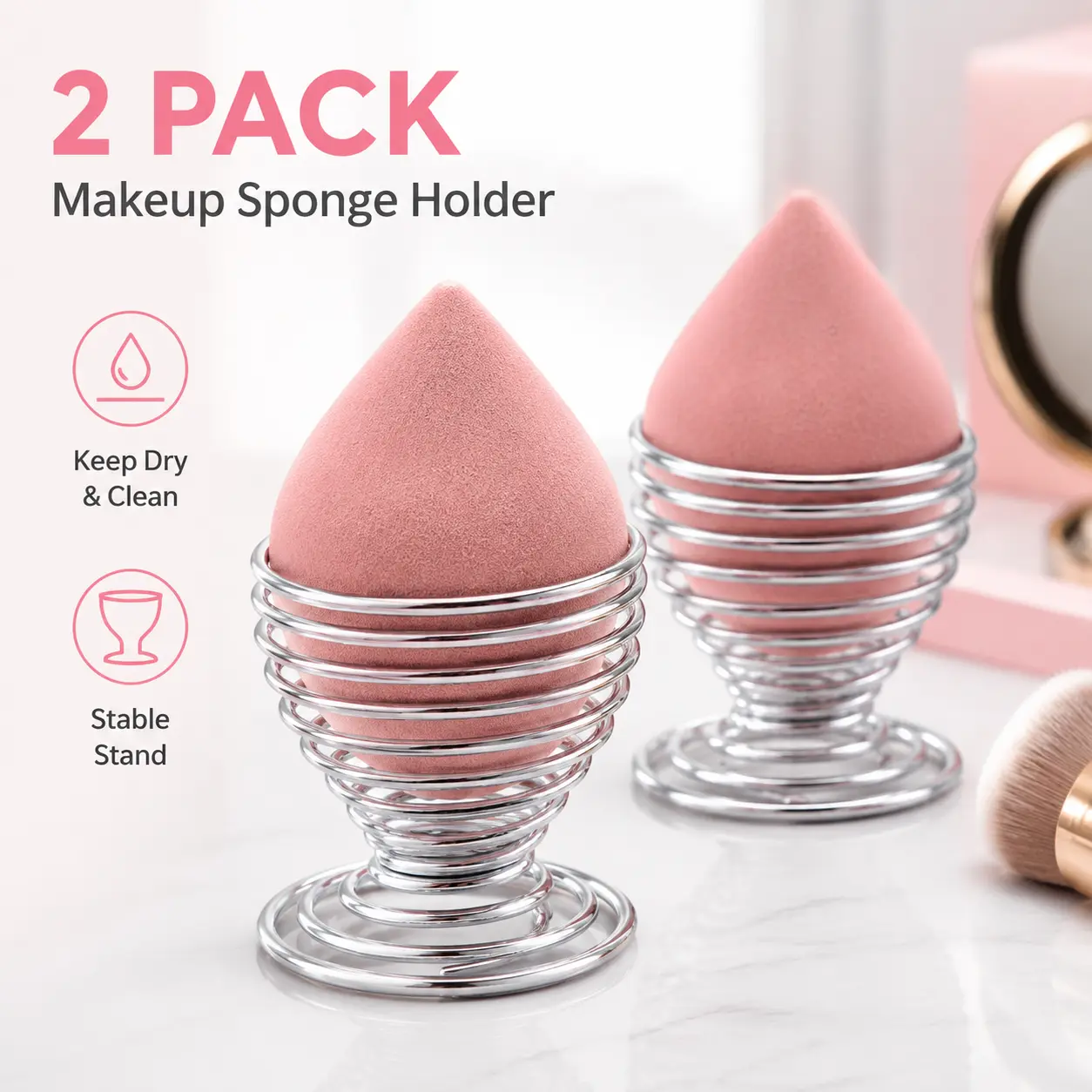 2 Pcs Stainless Steel Beauty Sponge Blender Holder Set - Round Base Makeup Sponge Drying Stand, Mold-Free Vanity Organizer for Dry After Wash Storage & Egg Powder Puff Display