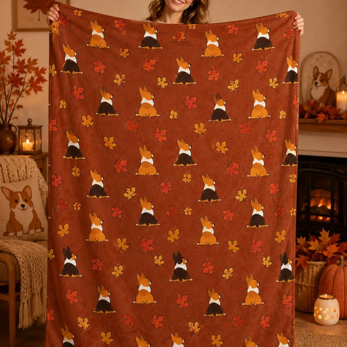 Caramel Base Corgi Back Maple Leaf Print Flannel Blanket, Autumn Retro Throw, Cozy Nap Blanket, Soft Warm Home Decor, Pet Gift