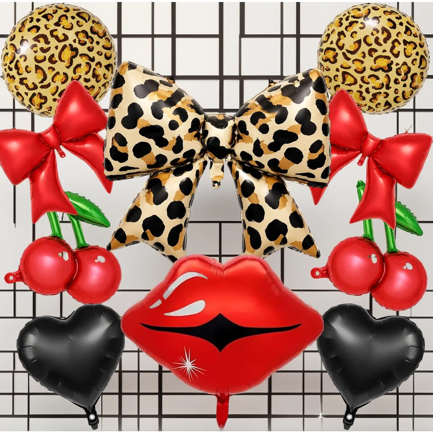 10pcs Red and Black Cheetah Print Balloons Set, Leopard Balloons with Bow Lips Cherry Heart Foil Balloon for Women Birthday Baby Shower Girls Night Bachelorette Kiss the Miss Goodbye Party Decorations