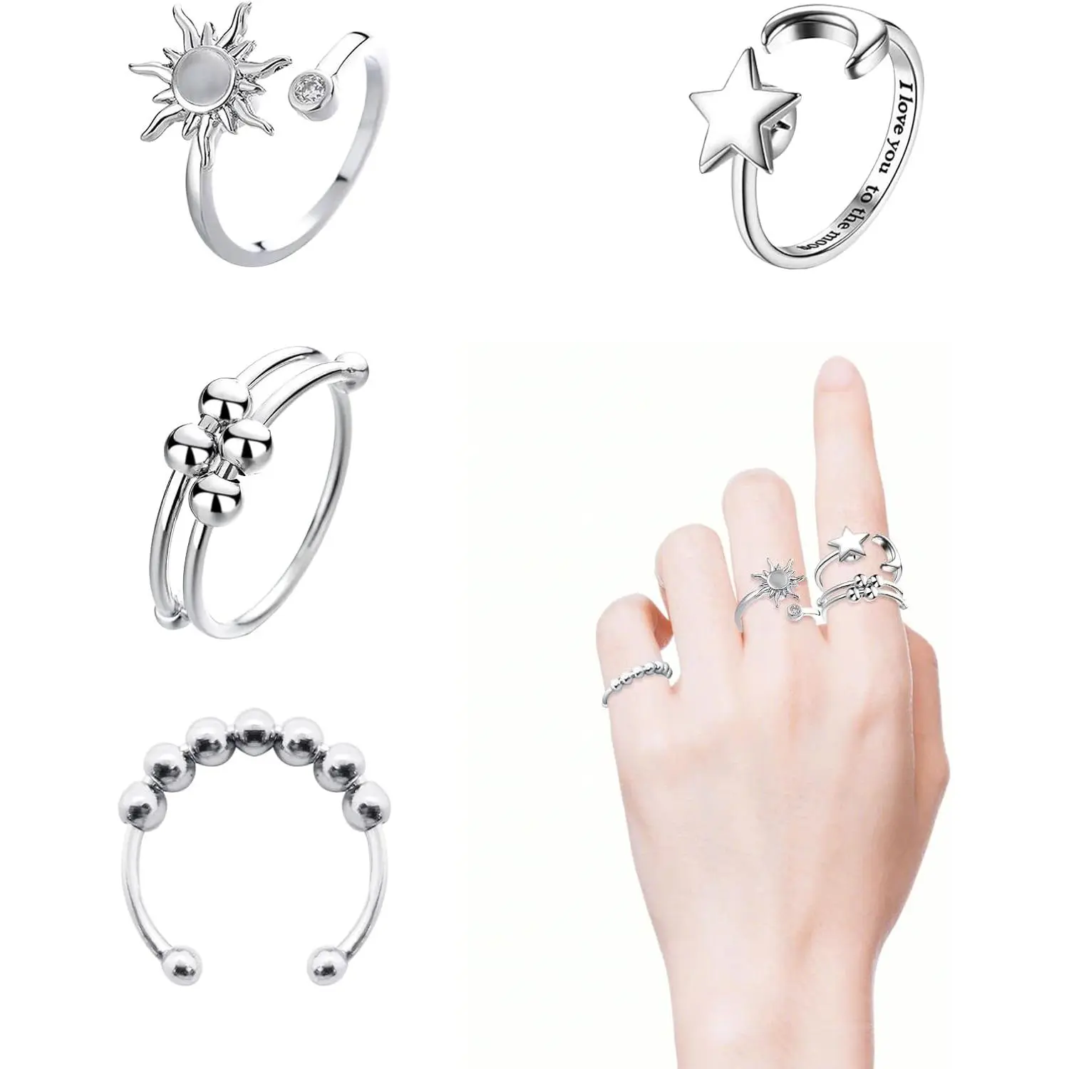 Female Fashion Stainless Steel Fidget Spinner Rings - 4-Pack, Adjustable, Discoloration-Resistant, Rotatable Sun Moon Star Bead Rings for Stress Relief, Thoughtful Gifts (Silver), Resistant To Discoloration