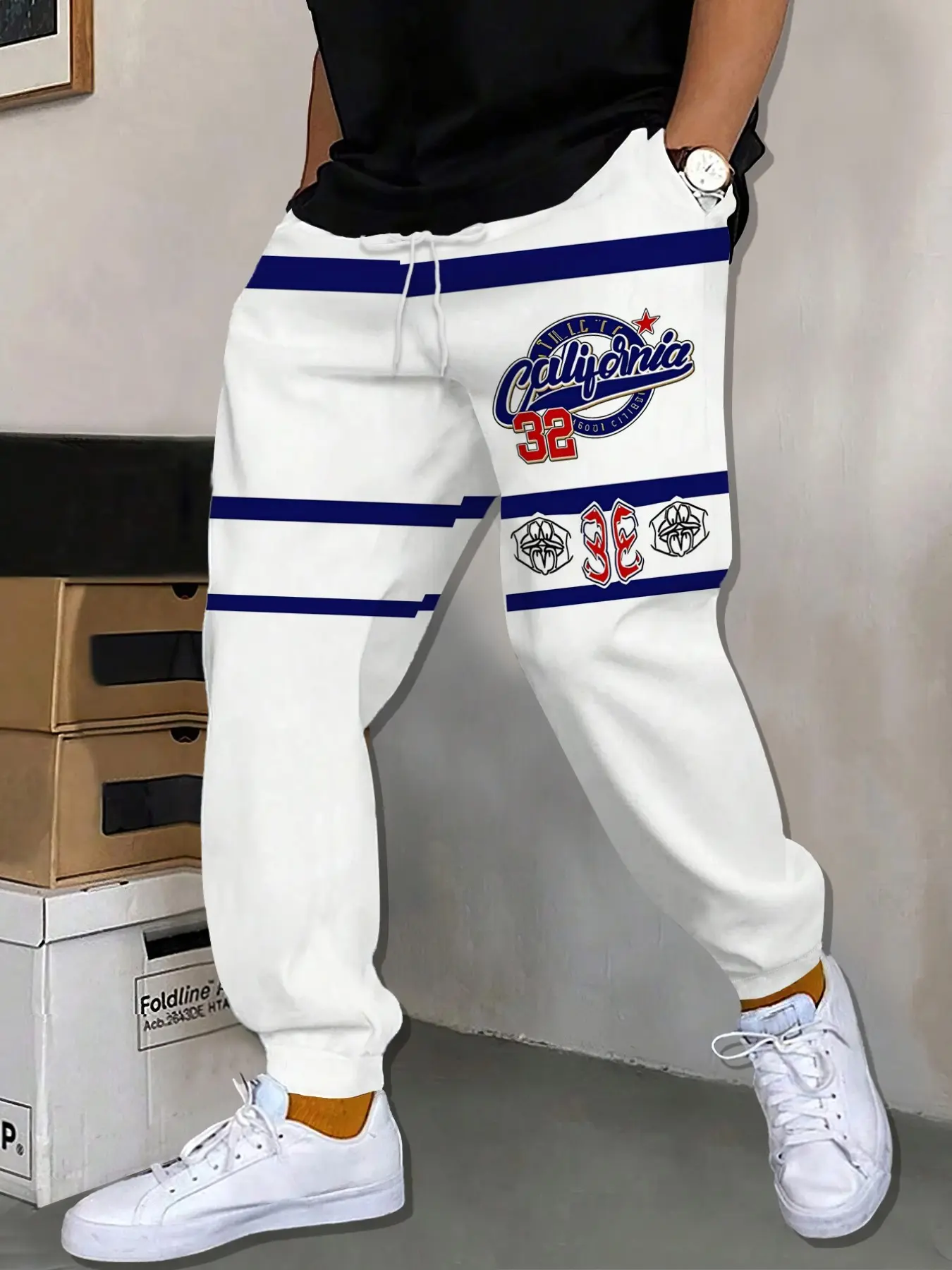 American Style Baseball Stripe Sweatpants, Blue Striped California Letter Print, Loose-Fit Casual Pants for Fall