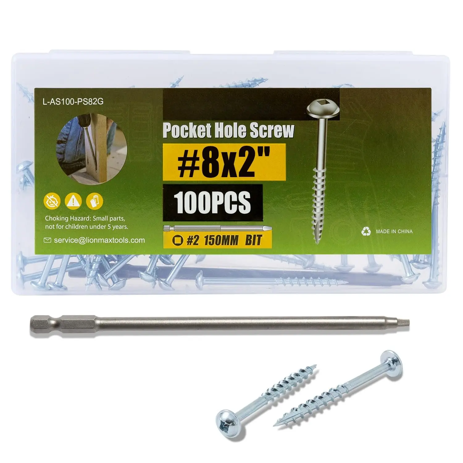 Pocket Hole Screws 2 Inch, 100 count, #8 x 2 Pocket Screw, Interior | Galvanized, Coarse Thread, Square Drive, Washer , Zinc Plated Pocket Hole Screws, Self Tapping, 150MM Drive Bit Included