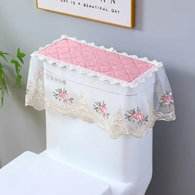 1pc Universal Toilet Water Tank Cover with Decorative Lace Trim - Super Fine Fiber Polyester Bathroom Decor, No Electricity Needed, Easy Install Conceals Unsightly Tank for Modern & Traditional Bathrooms, Home Goods