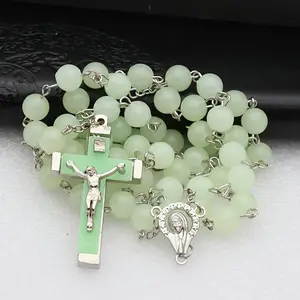 8mm Luminous Black Rosary Necklace • Luminous Cross Y-Shaped Pendant • Catholic Round Rosary • Religious Crucifix Rosary Chain • Unisex • Polished Finish • Ideal for Anniversaries/Holidays/Festive Gifts