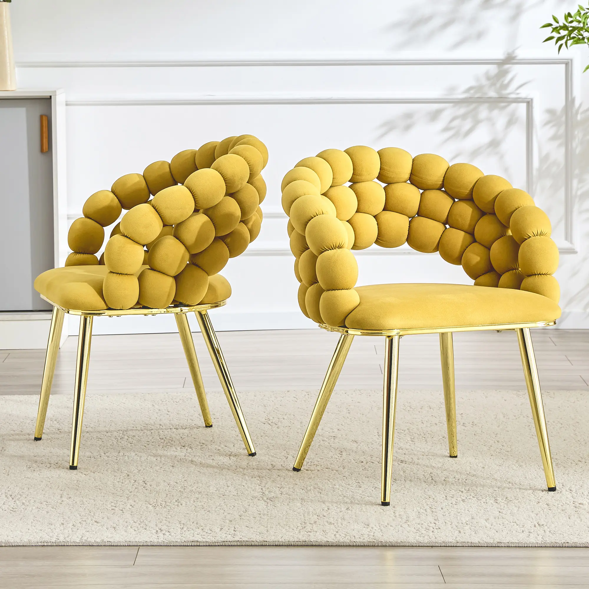 Nokaa Set of 2 Bubble Velvet Dining Chairs, Mustard Yellow Puffy Back Side Chairs with Gold Metal Legs, Modern Upholstered Seating for Dining Room, Living Room, Bedroom, Makeup Table