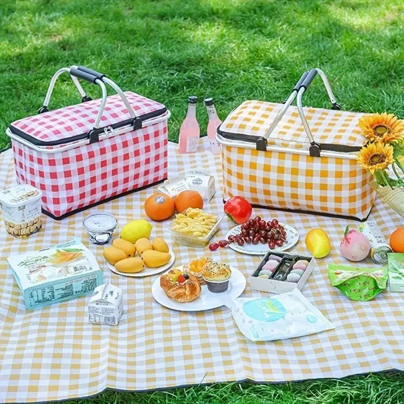 Portable Insulation Picnic Bag, Foldable Food Storage Basket, Lightweight Thermal Cooler for Camping Hiking, Collapsible Insulated Pack, Reusable Cooler Bag, Cooler Lunch Bag, Insulated Lunch Bags