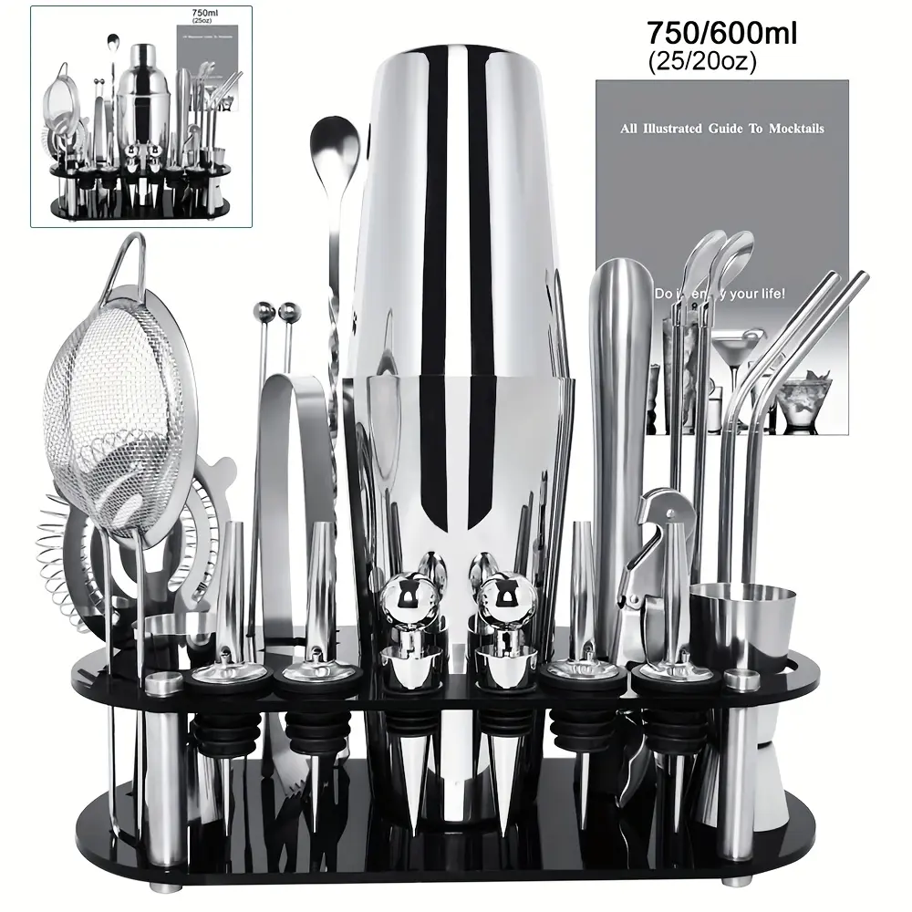 22Pcs Stainless Steel Bartending Kit Set, Cocktail Shaker with Black Stand & Recipe, 750Ml(25Oz)/750&600Ml(25&20Oz) Boston Shaker Bar Tools for Drink Mixing, Home, Bar, Party