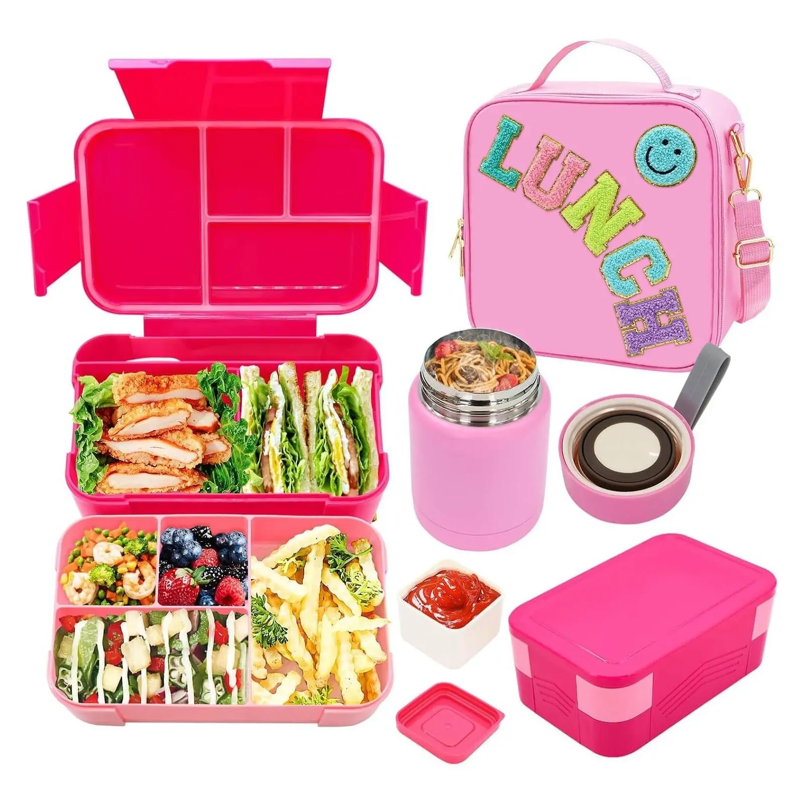 Pink Insulated Lunch Box for Girls with 6 Compartment Bento Box, 10oz Thermo, Adjustable Strap for Kids Teens School Travel PicnicGift