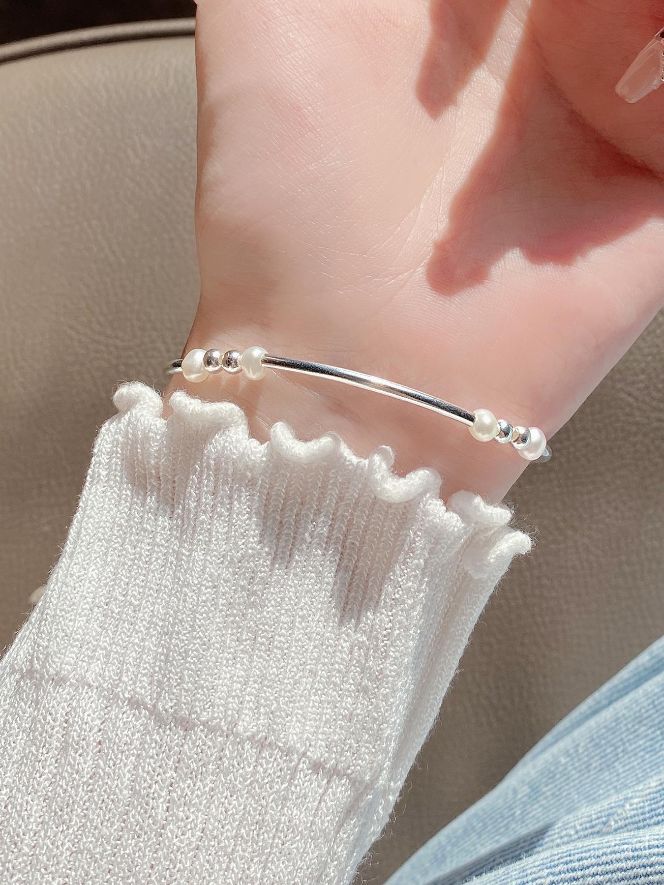 925 Sterling Silver Faux Pearl Decor Bracelet, Fashion Jewelry Accessories for Women & Girls, Simple Jewelry for Party Decor, Trendy Exquisite Jewelry for Gift, Pretty Bracelet