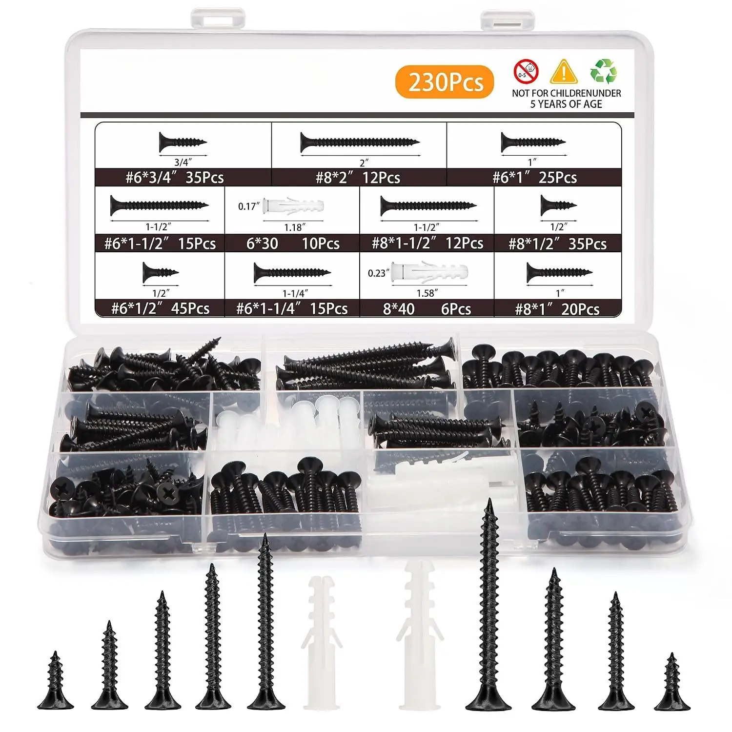 230-Count #6/#8 Black Carbon Steel Screws Kit with 16 Plastic Anchors, 9 Inches Sizes (1/2"-2"), Flat/Phillips Head, Self-Tapping, Rust Resistant for Cabinets, Furniture, DIY Woodworking Enthusiasts, Diy Enthusiasts