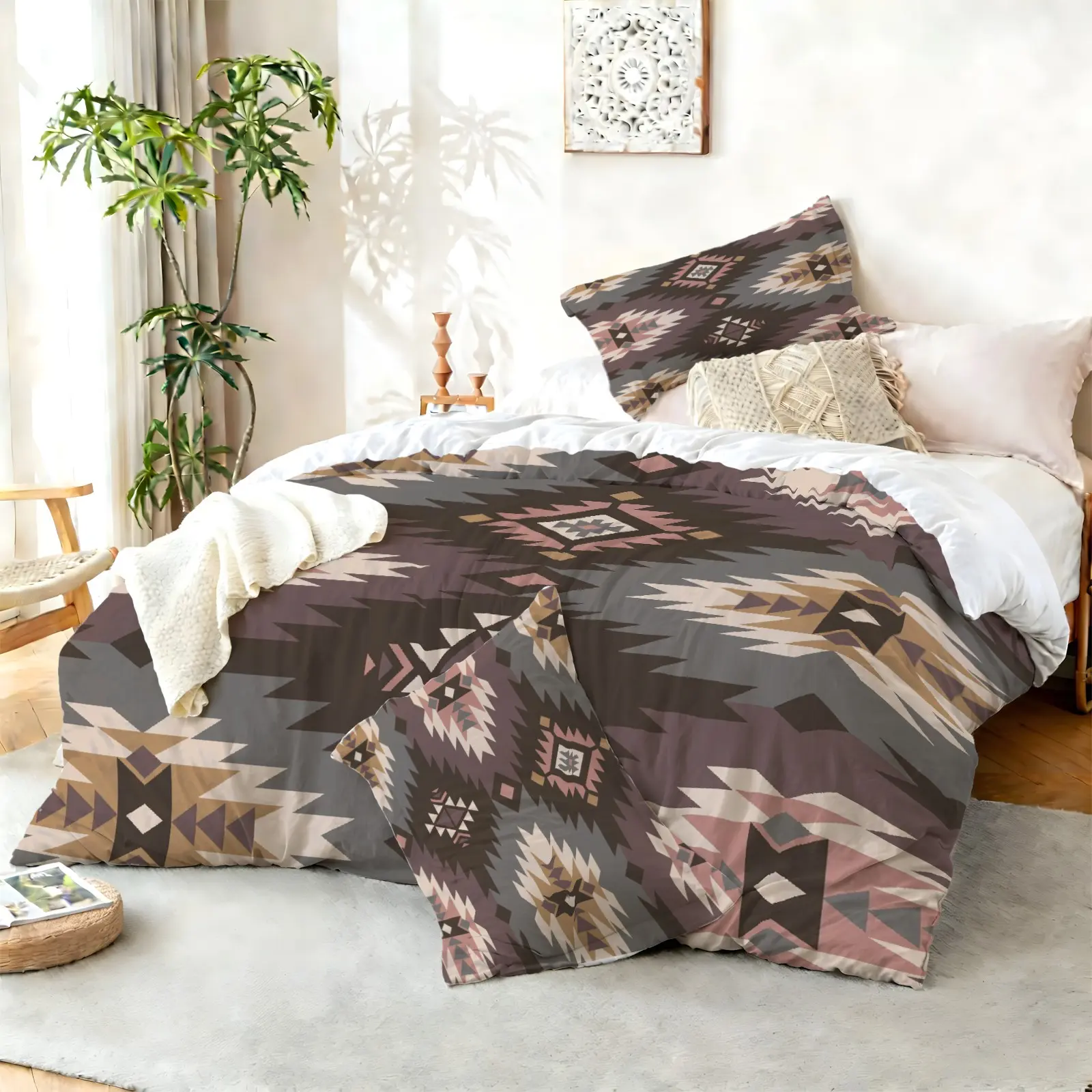 2/3Pcs Feelyou Queen Bed Cover Set - Rustic Western Cowboy Bedding Set, Southwestern Brown Black White Geometric Diamond Aztec Duvet, Bedroom Decor, Bedding Sets,back to school,back to school shopping,home decor