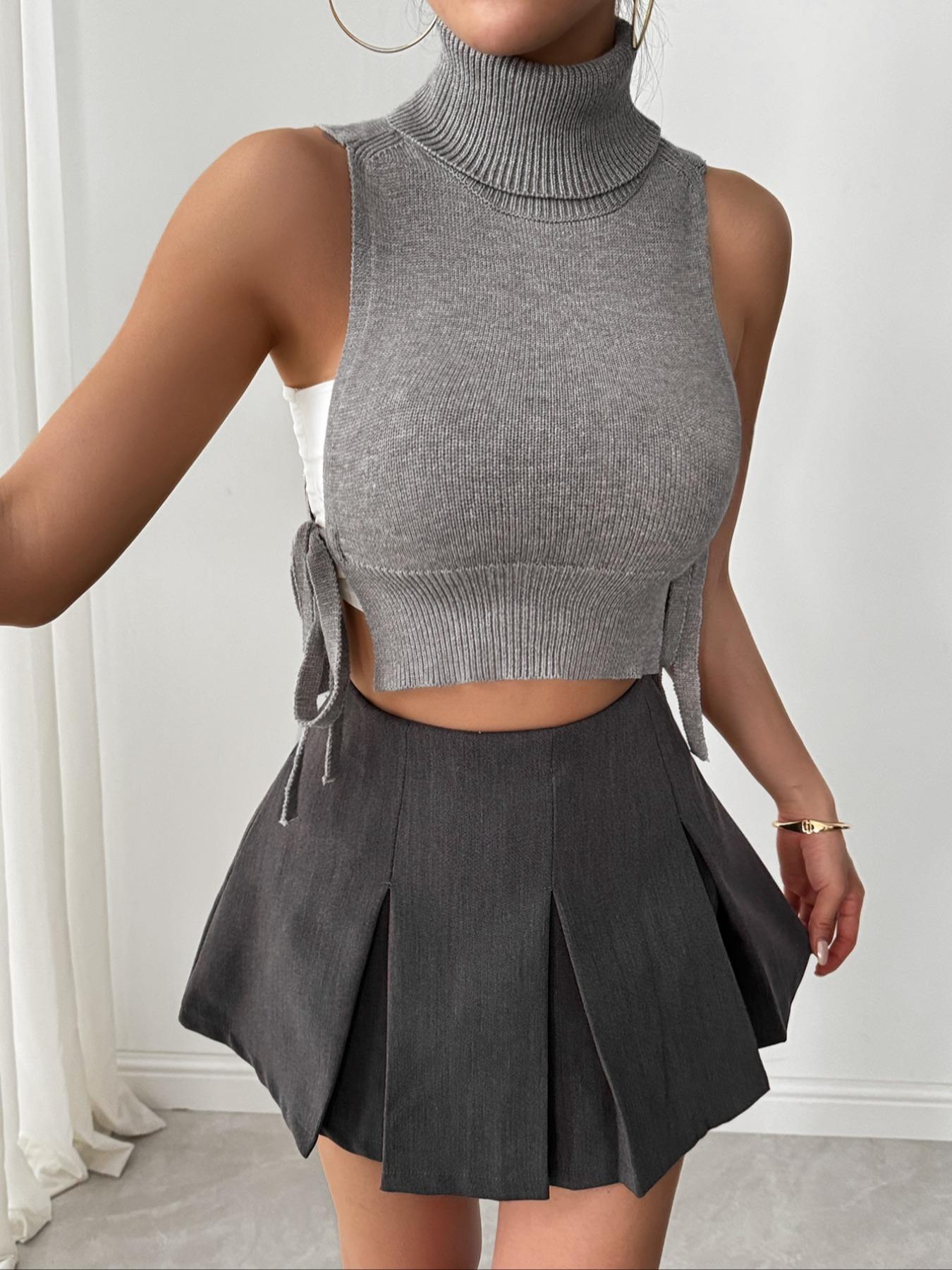 Spring Summer Women's Sexy High Neck Tie Back Vest, Fashion Outerwear, Elegant Knitted Short Jacket, Slim-Fitting Blouse