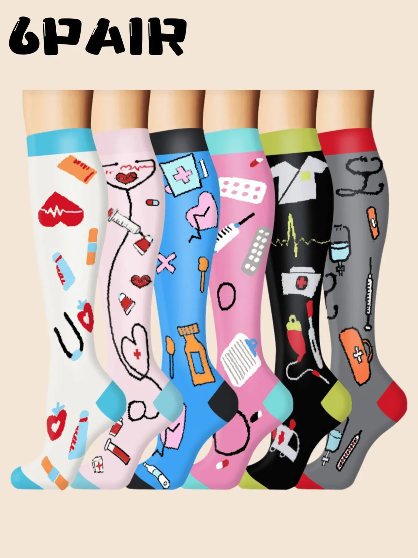 6 Pairs High Elastic Compression Stockings, Unisex Classic Solid Color, Graduated Pressure, Reduces Swelling, Comfortable & Durable, Graduated Compression Socks