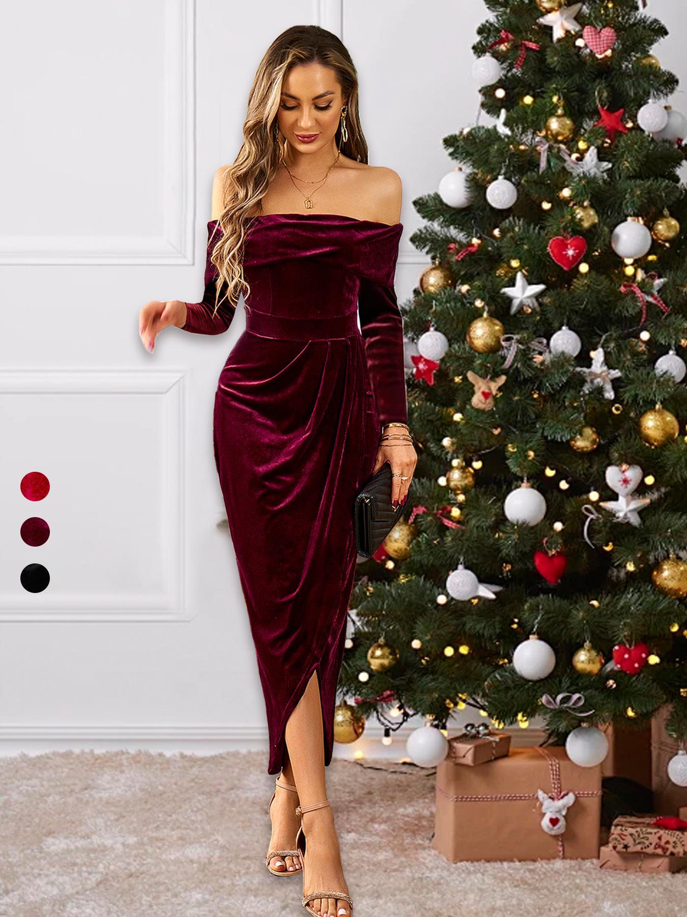 Women's Off The Shoulder Ruched Split Thigh Velvet Dress, Elegant Wrap Long Sleeve Dress for Party Club Dating Formal Wear, Women's Clothing for Fall & Winter