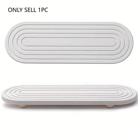 Water-absorbing stone tray for kitchen/bathroom countertops, quick-drying sink rack, Water Absorbent Mat (with wooden feet and natural gourd fiber, gray), Reusable Silicone Mat