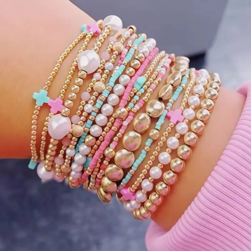 13-Piece Colorful Cross Beaded Bracelet Set for Women, Faux Pearl & Gold-Tone CCB Layered Stretch, Stackable Boho Jewelry, Multicolor Bead Bracelet Collection, Birthday Gift, Everyday Fashion Accessories, Beaded Bracelets Set
