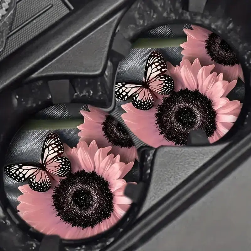 Sunflower Car Cup Holder Coaster Set for Vehicle Interiors, Absorbent Rubber Drink Mat with Decorative Floral Design and Non Slip Base