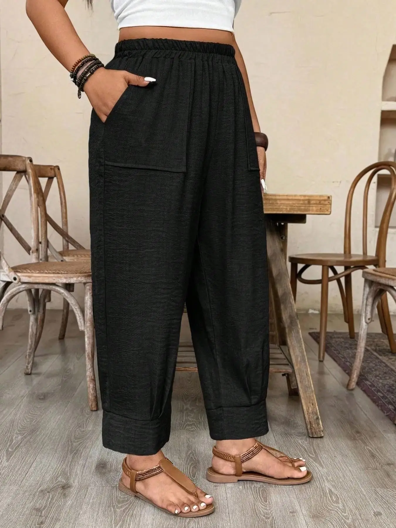 Plus Size Women's Solid Color Long Pants, Boho Style Harem Pants with Pockets, Casual Loose Fit Jeans for Daily Wear and Vacation