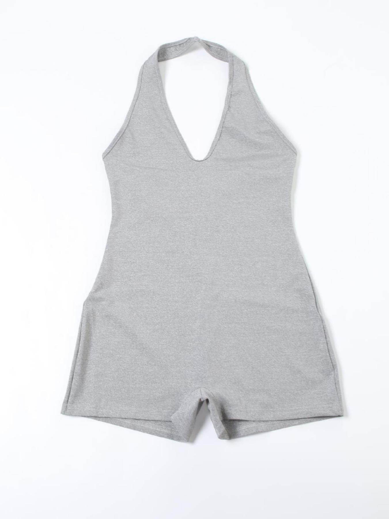 Women's Solid Halter Neck Romper, Basic Casual Sleeveless Backless Romper for Daily Outdoor Wear, Overalls, Womenswear