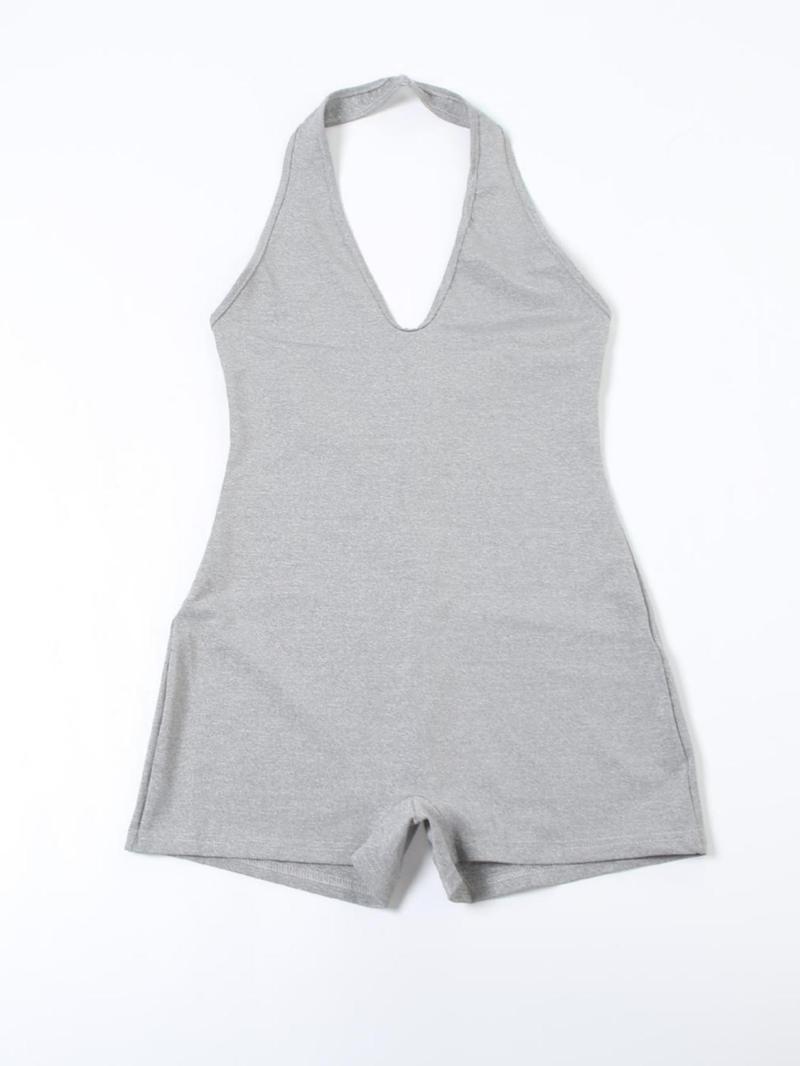 Women's Solid Halter Neck Romper, Basic Casual Sleeveless Backless Romper for Daily Outdoor Wear, Overalls, Womenswear