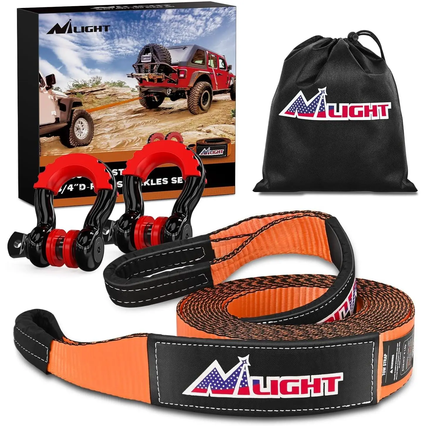Nilight 3 Inch x 30 Inch Recovery Tow Strap Kit with 2Pcs 3/4 Inch Anti-Theft D-Ring Shackles and Storage Bag Heavy Duty Off Road Emergency Tow Rope for Car Truck SUV ATV (MBS 31500LBS)