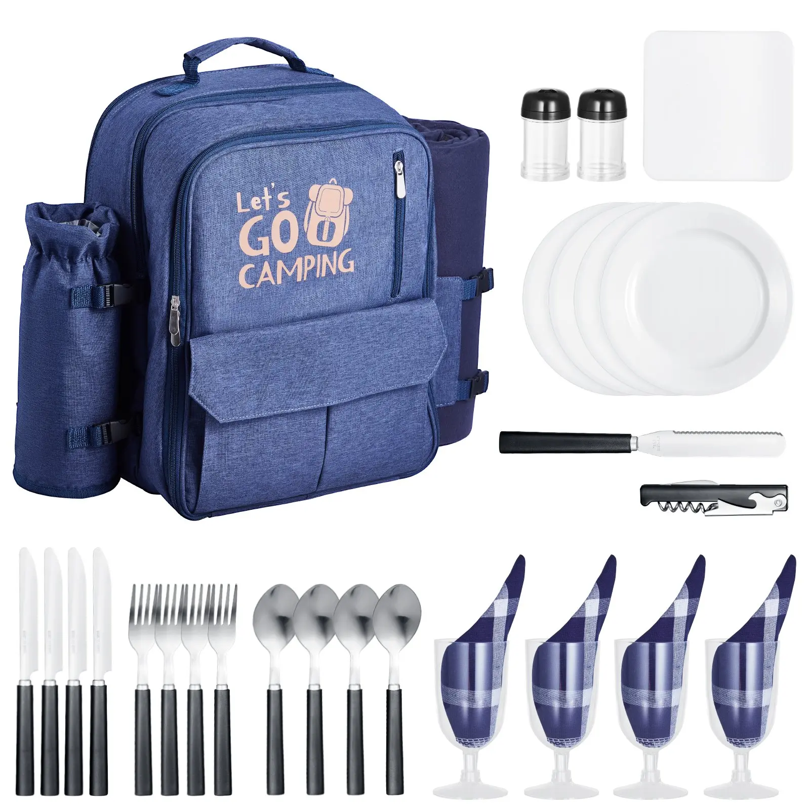 VEVOR Multi-Person Outdoor Picnic Backpack, Navy Blue Practical Pack for 4 People Beach Outing with Insulated Cooler Compartment, Detachable Bottle/Wine Holder, Lightweight Blanket, Plates, Cutlery Set, Portable, Removable