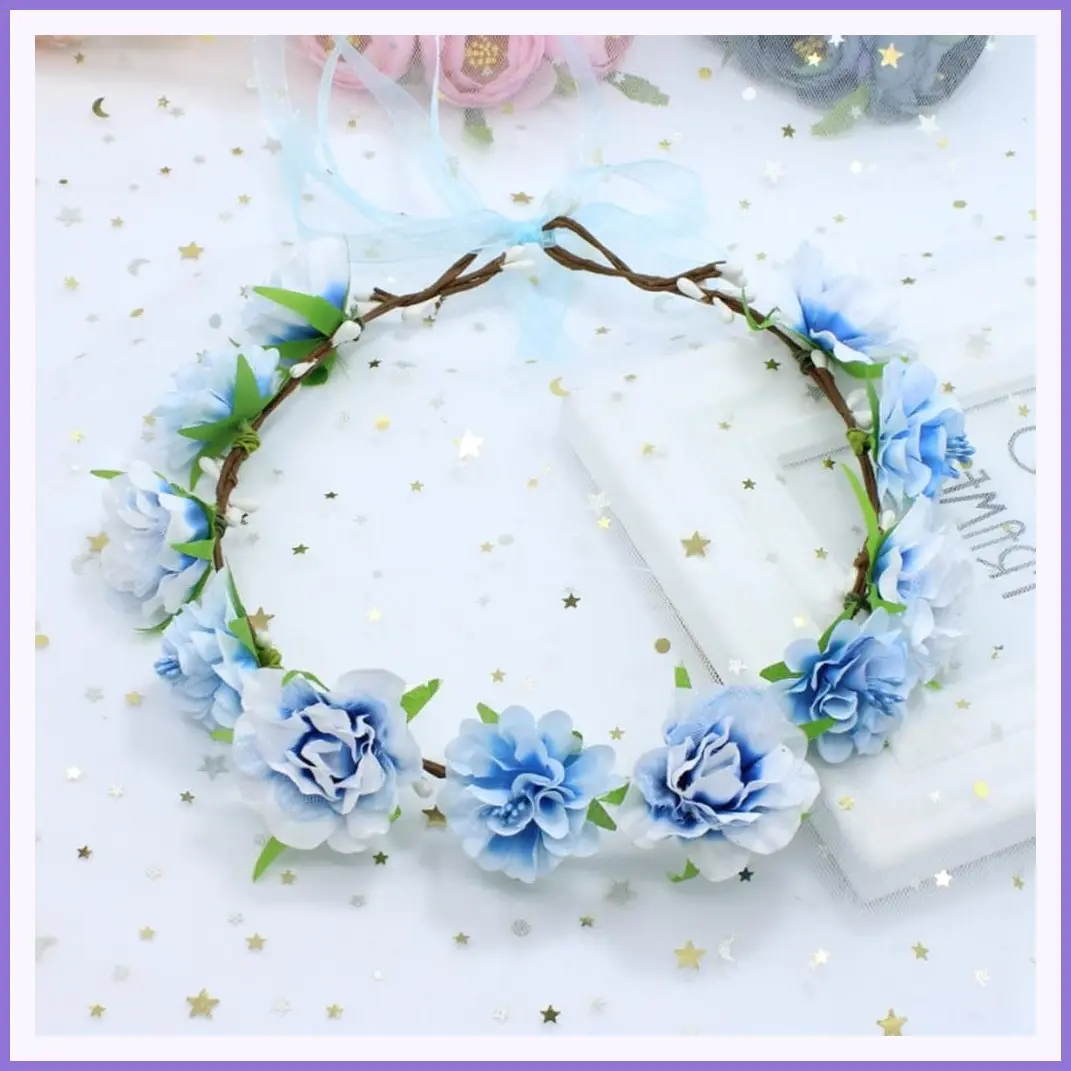 1 Pack Flower Crown Bohemian Wreath Floral Tiara Wedding Headband for Girls Bride Baby Shower Photo Toddler Blue