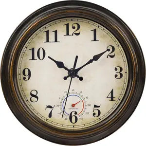 Outdoor Clocks Waterproof with Thermometer Combo Vintage Rustic Wall Clock for Patio Pool Bathroom Kitchen(8 Inch,Bronze)