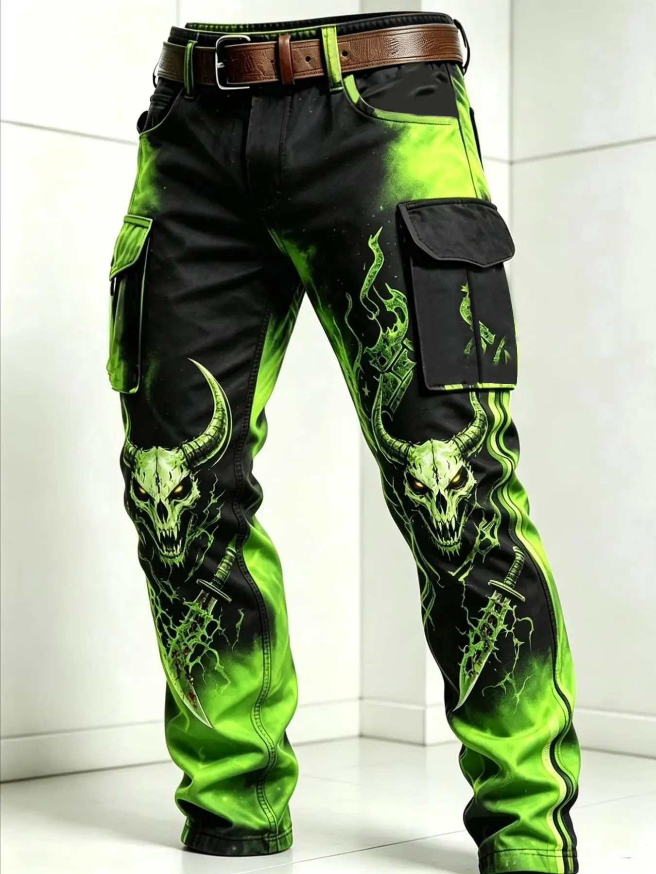 Gothic Dark Multi-Pocket Straight Leg Men's Casual Pants, Fluorescent Gradient Flame Devil Horn Skull Print, Fall & Winter Long Pants