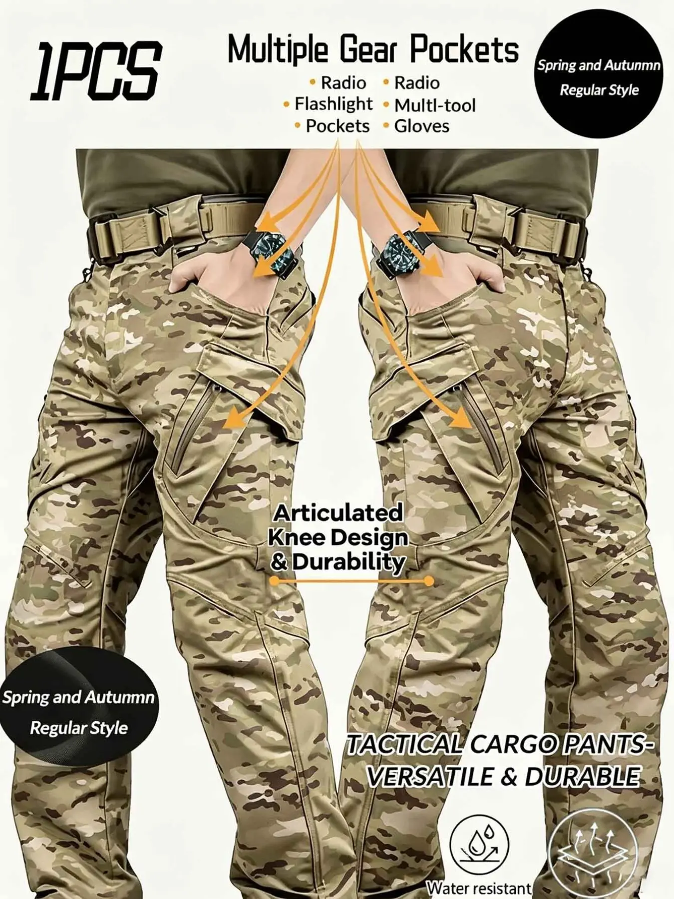 Men's Durable Multi Pocket Tactical Camo Pants - Suitable for Outdoor Construction and Camping, Regular Version, Adjustable Waist, Suitable for Outdoor Hiking in Spring and Autumn