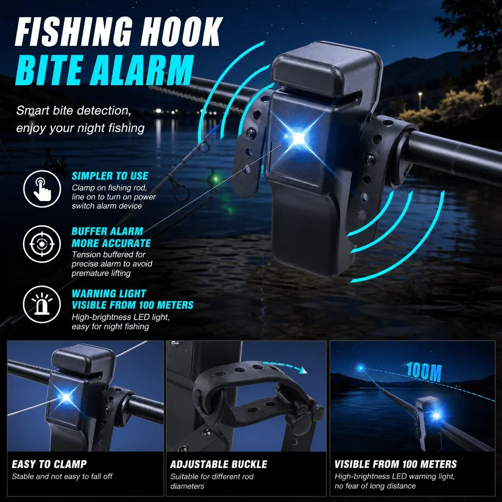 LED Bite Alarm with Sound, Adjustable Strap-on Fishing Rod Indicator - Portable Electronic Fishing Bell for All Rods