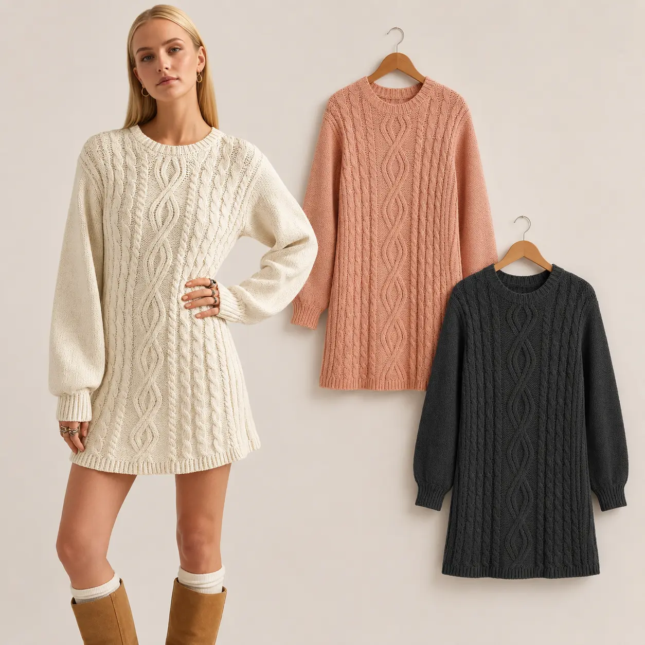 Women’s Cable Knit Sweater Dress Long Sleeve Crew Neck Mini Dress Cozy Loose Fit Knitted Pullover Dress for Fall Winter Casual Streetwear Vacation and Everyday Outfits