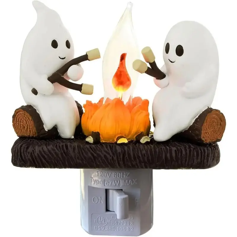 Ghost Campfire Night Light，2026 Ghost Campfire Flickering Nightlight, 3D LED Small Faux Campfire Night Light, Funny Halloween Nightlight Indoor Decorations, Ambient Night Lights