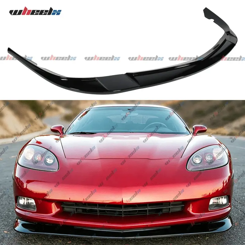 3-Pieces Aggressive Front Bumper Lip Splitter Kit, Protective Air Dam Lower Chin Spoiler for 2005-2013 Chevy Corvette C6 Base Models, ZR1 Style, Gloss Black/Carbon Fiber Look, Protective Lip