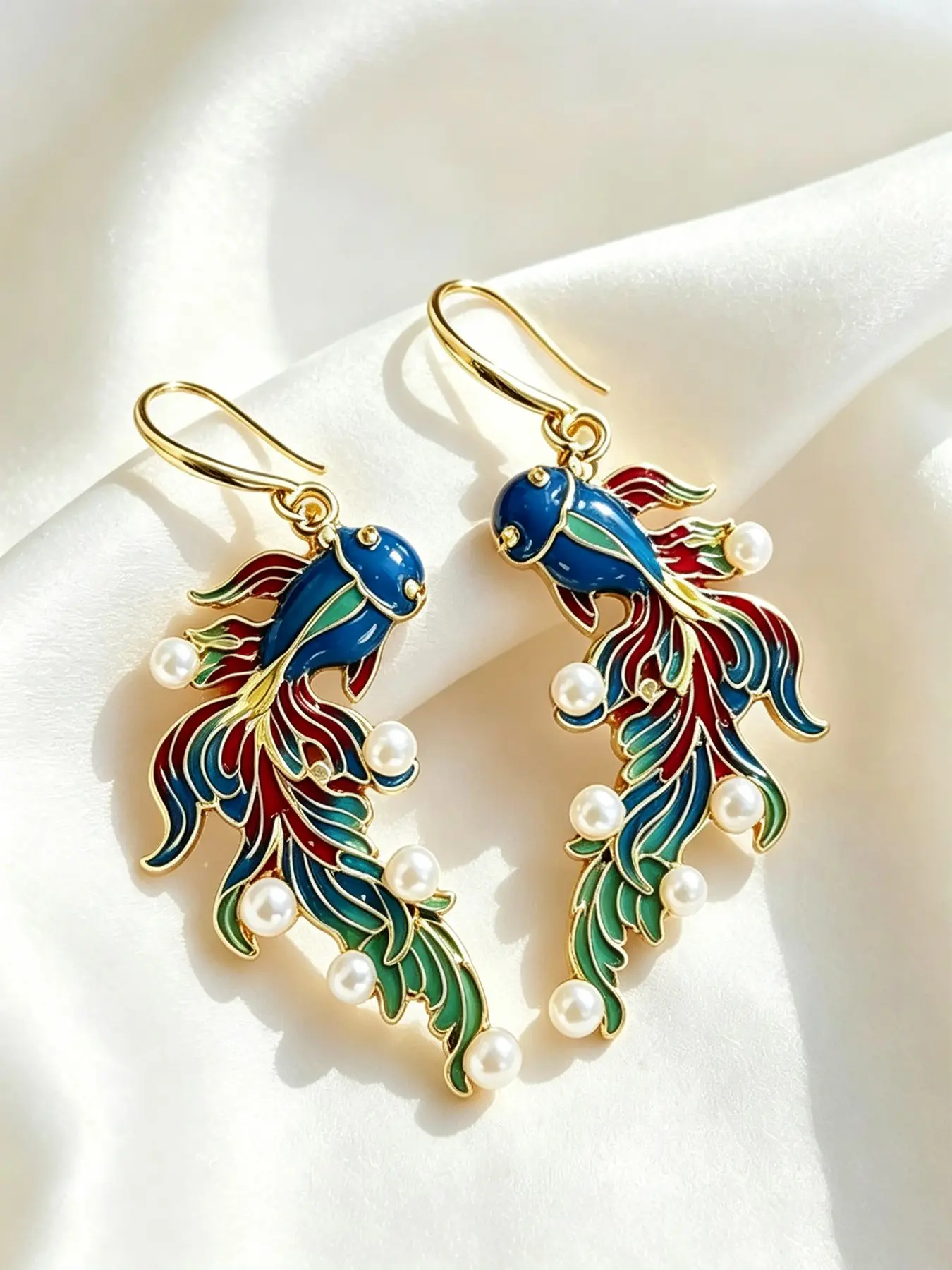 1 Pair Color Enamel Goldfish Dangle Earrings, Vintage Imitation Pearl Fish Drop Hook Earrings, Elegant Oriental Statement Fashion Jewelry For Wedding Daily Party Outfit