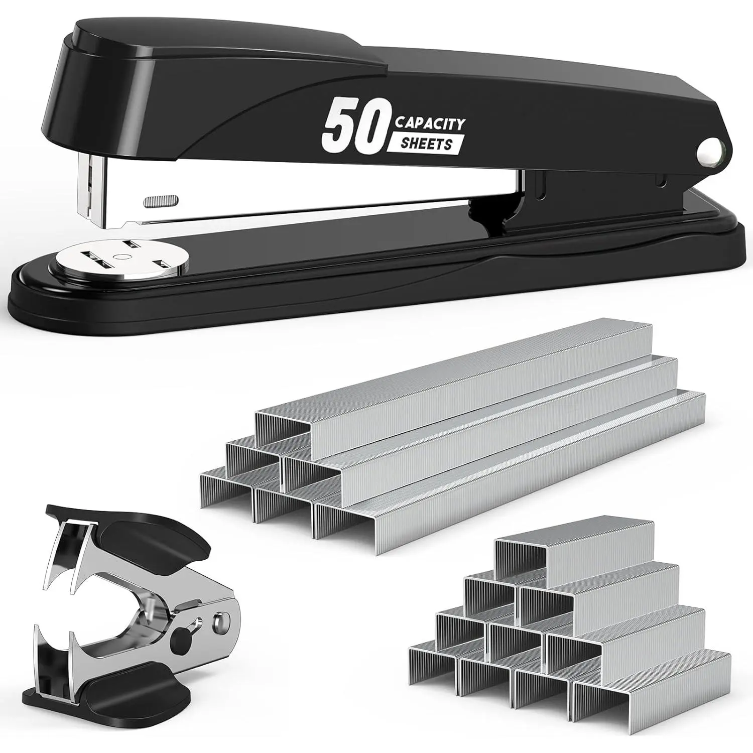 Metal Stapler Heavy Duty 50 Sheet Capacity with 1750 Staples and Staple Remover, Full Strip Staplers for Desk, No Jam, Non-Slip for Office & Classroom, Black