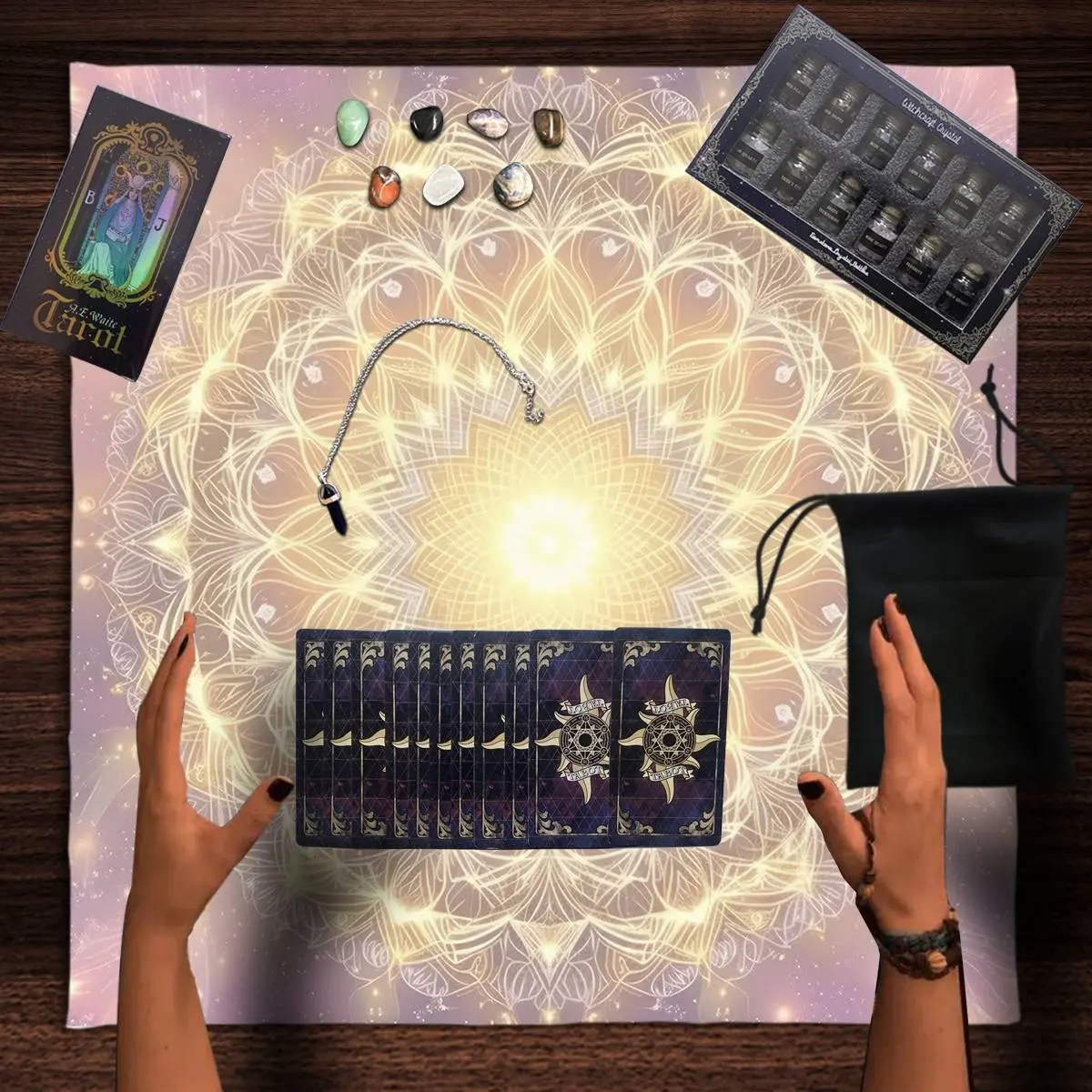6pc Sacred Geometry Tarot Reading Set, Fantasy Style Tarot Astrology Kit, Includes 78 Cards, 12 Crystal Bottles, 7 Chakra Stones, Tablecloth, Pendant
