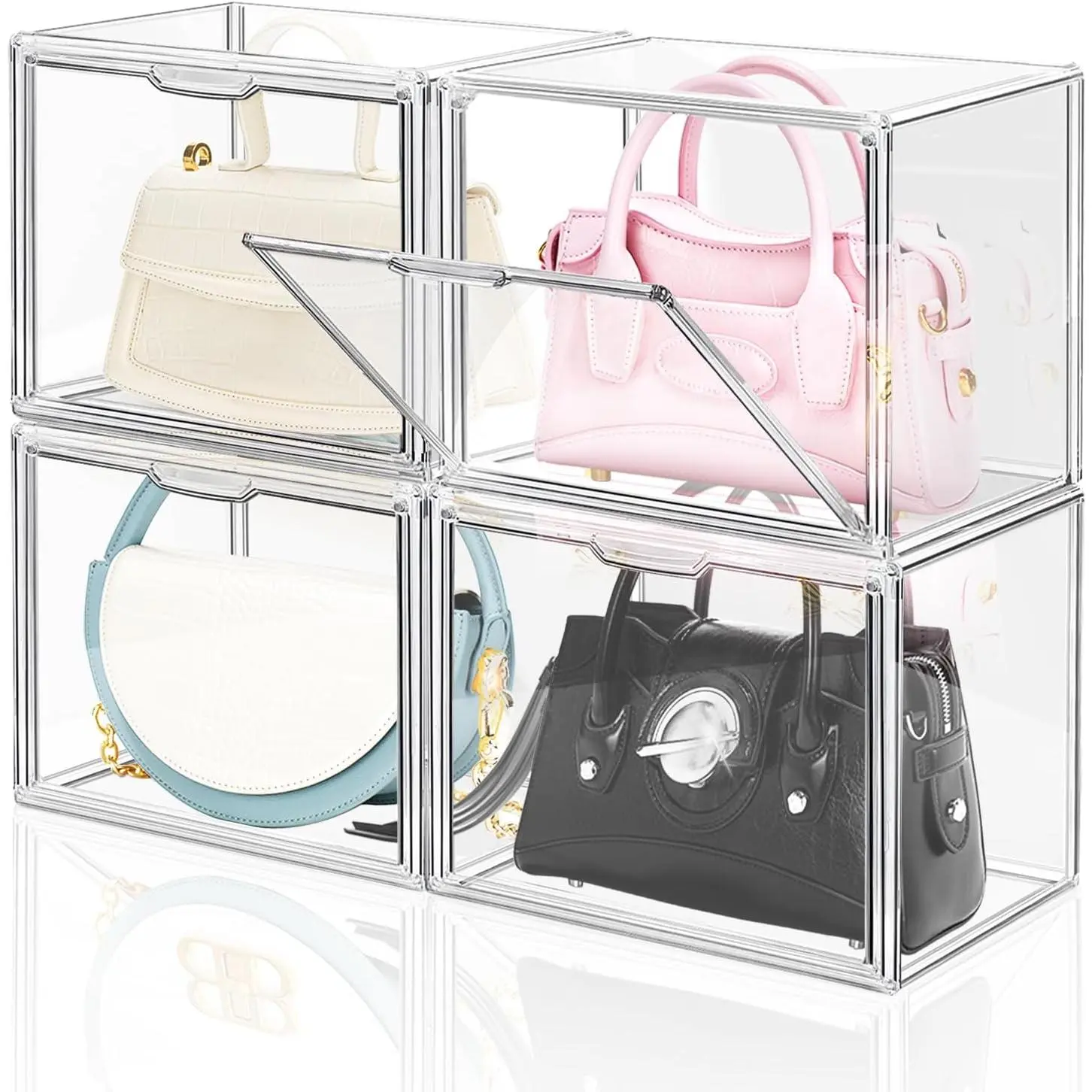 4 Packs Clear Plastic Handbag Storage Organizer for Closet Small |  Display Box for Handbag, Stackable Storage Boxes Bag Organizer with  Door for Purse Clutch Wallet Book