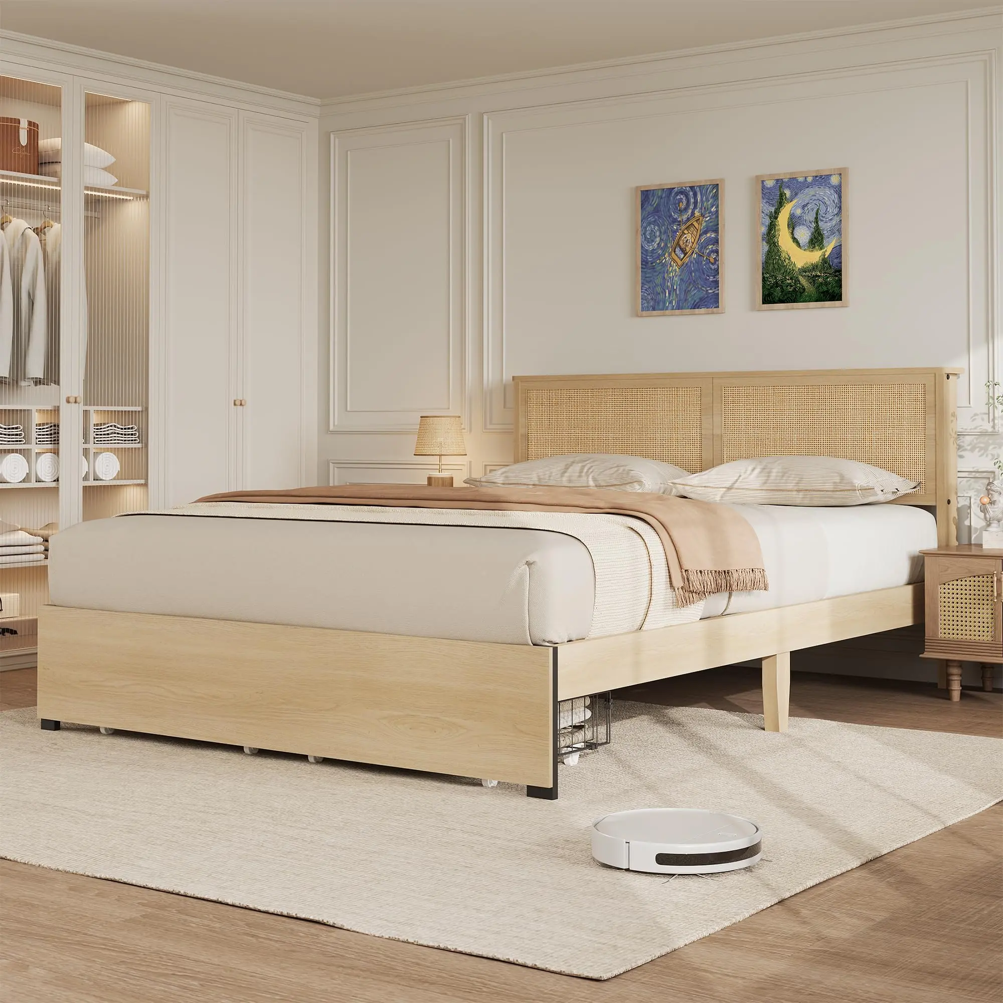 GARVEEQueen Platform Bed Frame, Queen Size Bed Frame with Natural Rattan Headboard, Cane Bed Frame with 2 Storage Drawers and Strong Wood Slats Support, Noise Free, No Box Spring Needed