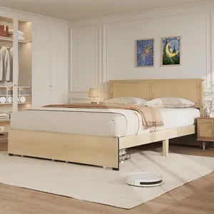 GARVEEQueen Platform Bed Frame, Queen Size Bed Frame with Natural Rattan Headboard, Cane Bed Frame with 2 Storage Drawers and Strong Wood Slats Support, Noise Free, No Box Spring Needed