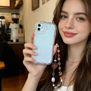 Transparent Wavy Edge Phone Case with Polka Dot Heart Brown Series Bracelet For Realme C53 C51 C55 C75 C75X C61 C85 C63 C12 C25 C25S C15 C71 15T 15 14 Pro 14T Note 80 70 70T 60 60X Reno 15C 15 14 13 FS 10 Pro 11 12 12F 13F 14F 15F 5 6 7 Lite  Back Cover