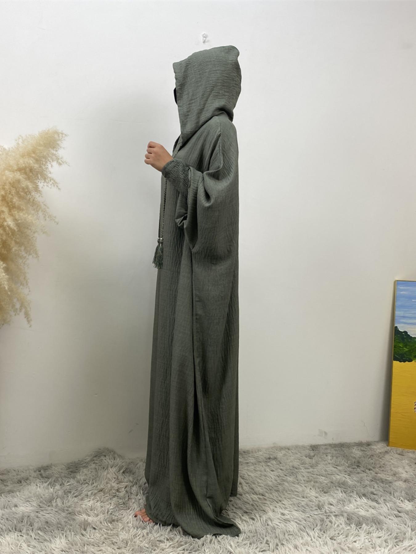 Women's Solid Color Batwing Sleeve Drawstring Hooded Dress, Casual Long Sleeve Shirred Cuff Long Dress for Spring & Fall, Women's Islamic Clothing for Daily Wear