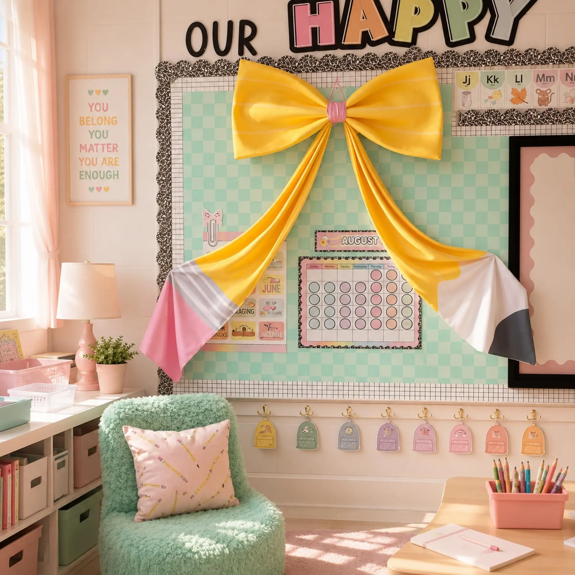 Large Pencil Bow Classroom Decoration, 42x24 Inches Hanging Decor, Ideal for Bulletin Boards, Art Teacher Blackboard Background, Back-To-School Aesthetic School Supplies