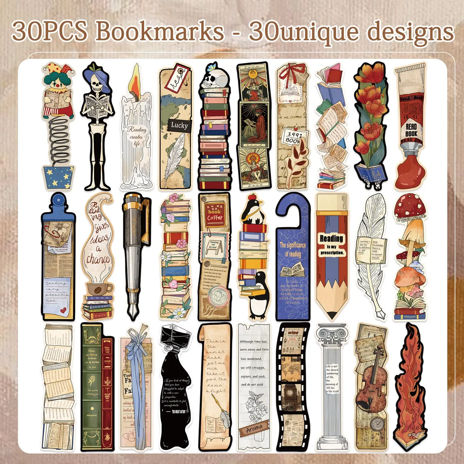 30-Pack Creative Bookmarks, Unique Irregular Shapes, Vintage Fun Aesthetic Design, Durable Paper, Ideal for Books, Diaries, Gifts