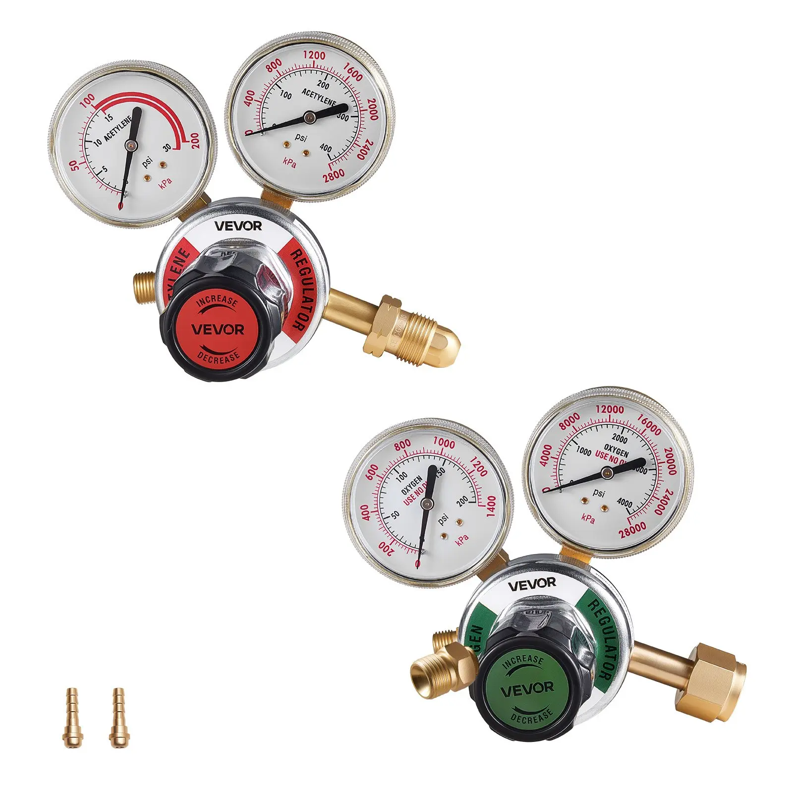 VEVOR Oxygen & Acetylene Regulator Set, 0-4000PSI & 0-400PSI Welding Gas Gauges, CGA-540/CGA-510 Inlet Connection, 9/16"-18 Outlet Connection, 4.6 lbs, 7.3x5.7x4.7 in, Easy Adjustment, Precise Pressure Control, Sturdy Construction, Brass, 7.3 X 5.7 X 4.7