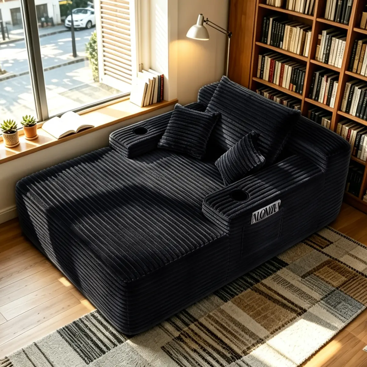 65" Oversized Boneless Chaise Lounge Chair Indoor with Cup Holders，Black Cloud Reading Chair with Side Pockets, Cozy Sleeper Couch with Throw Pillows for Living Room, Bedroom, No Assembly