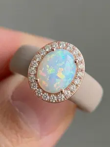 Women's Silicone Ring with Large Synthetic Opal, Adjustable Elastic Band, Low Allergy Wedding Ring, Comfortable Fit, Sizes 5-10