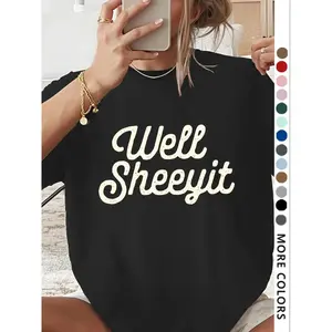 Women's Letter Print T-shirt, Vintage Casual Loose-Fit Off-Shoulder Short Sleeve Knit Top for Summer Streetwear, Lady, Tshirt