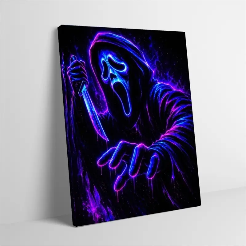 Neon Ghostface Scream Poster Canvas Wall Art Classic Horror Movie Killer Glowing Line Portrait Print Dark Gothic Halloween Aesthetic Wall Decor for Living Room Bedroom Unframed